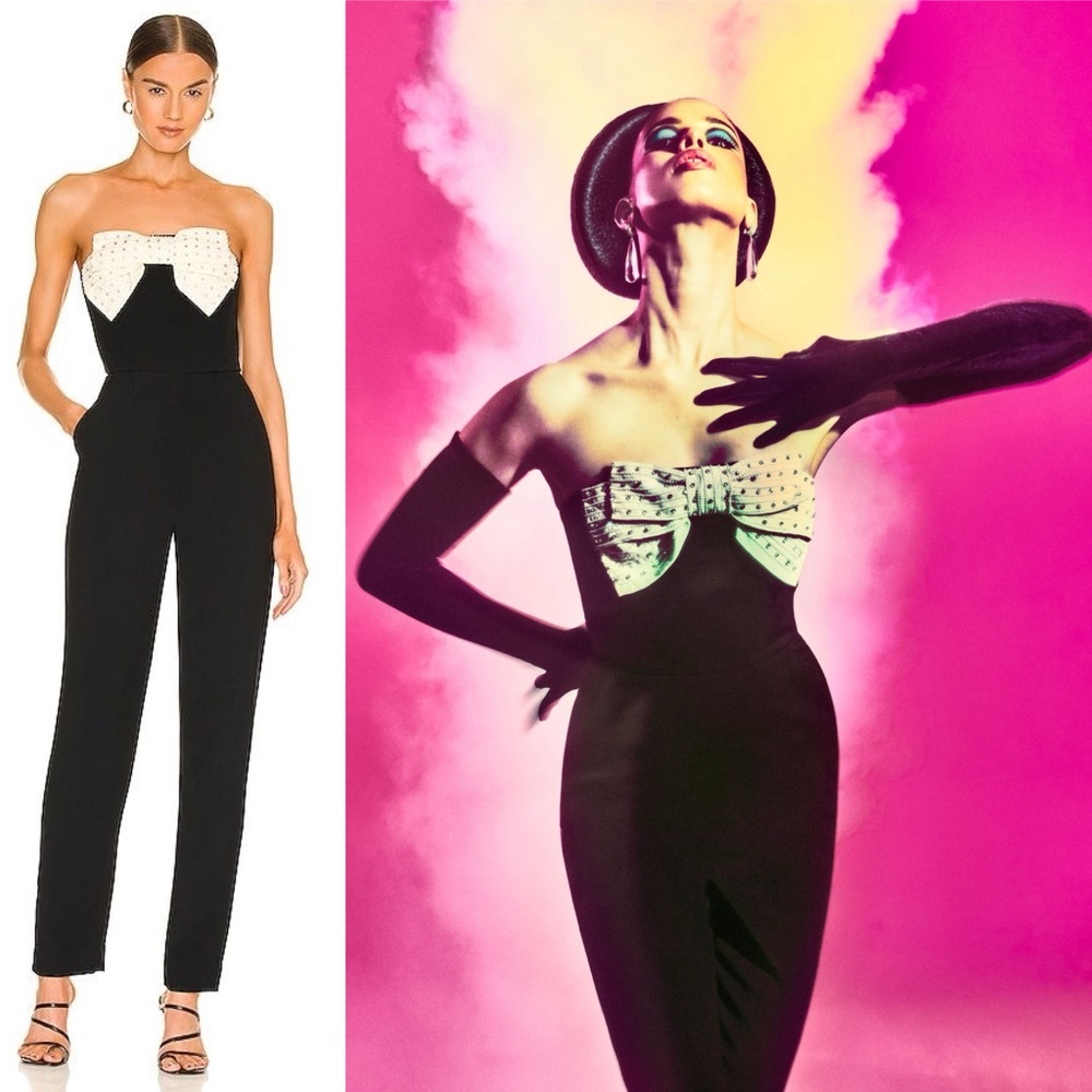 Saloni Sabine Strapless Bow Jumpsuit Black Ivory US 4 NWOT - Picture 14 of 16
